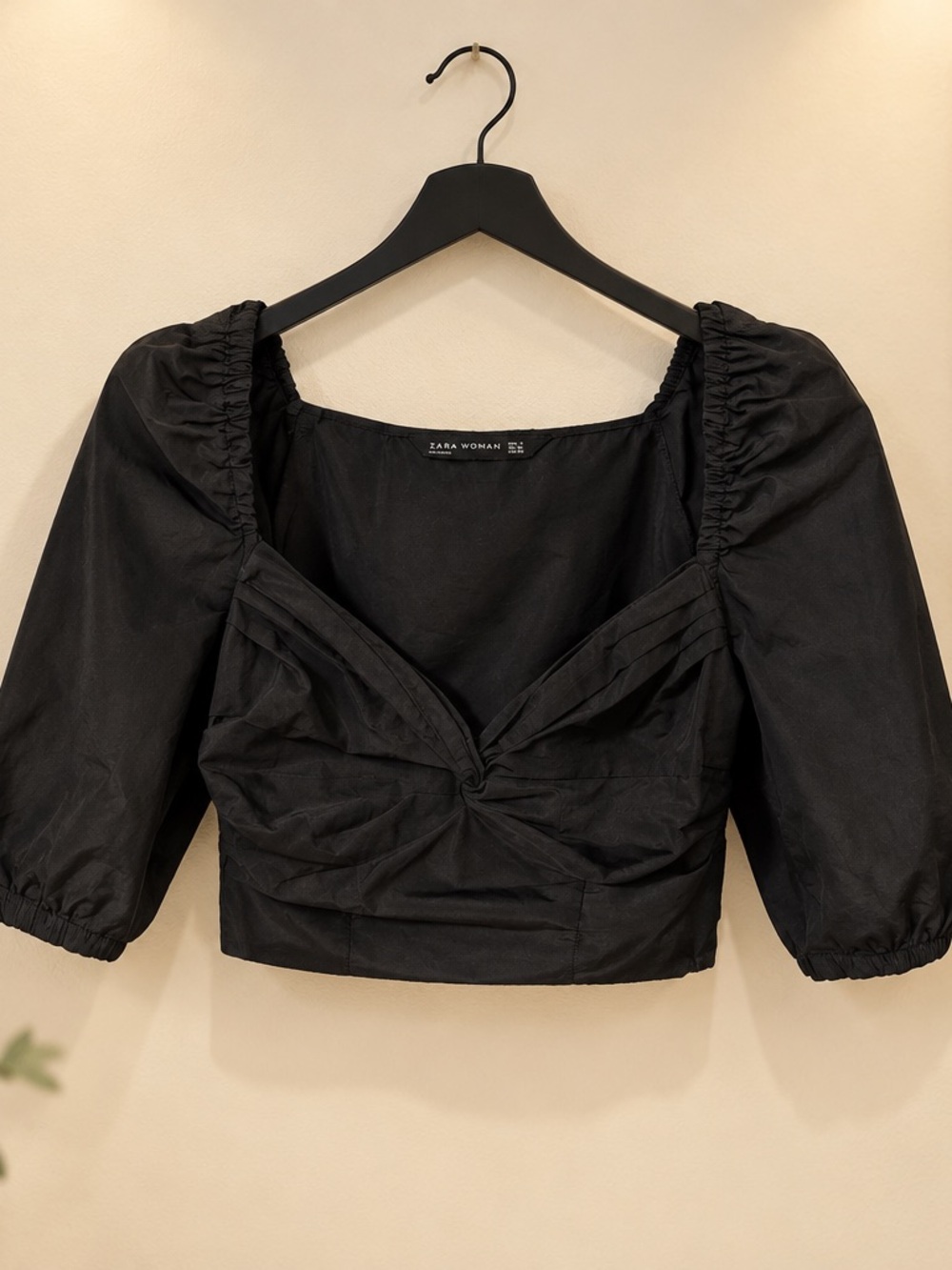 Zara Black Cropped Knot-Front Puff Sleeve Top